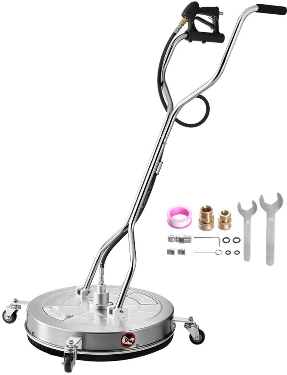 Oppervlaktereiniger voor Hogedrukreiniger - RVS Terrasreiniger Opzetstuk - 61,2 cm Diameter - 4 Wielen - 2 Sproeikoppen - Max. 310 bar - 0,95 cm Aansluiting - Voor Beton/Tegels