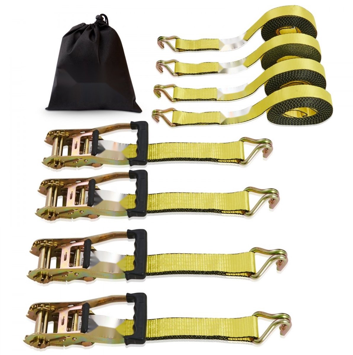 Spanbanden met Ratel / Sjorbanden - Set van 4 - 5 cm x 8 m - 4536 kg Breekkracht - Polyester Band - Haken van Koolstofstaal - Voor Motor/Boot/Kajak/ATV