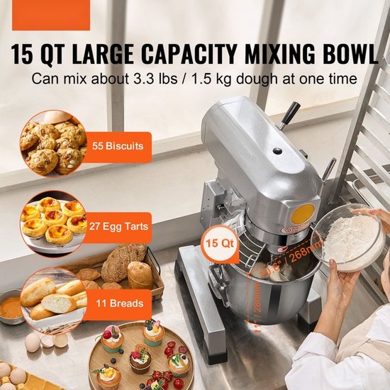 Professionele keukenmixer - Deegmixer/standmixer - Capaciteit 14 L - Vermogen 550 W - 3 Snelheden - RVS Kom - 3 Mengopzetstukken van Merkloos — afbeelding 2