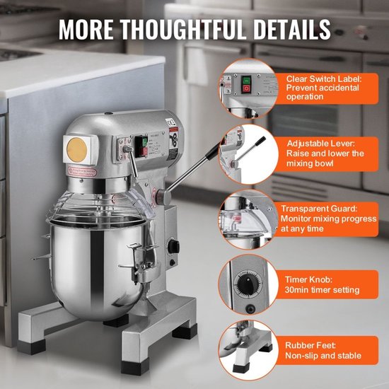 Professionele keukenmixer - Deegmixer/standmixer - Capaciteit 14 L - Vermogen 550 W - 3 Snelheden - RVS Kom - 3 Mengopzetstukken van Merkloos — afbeelding 3