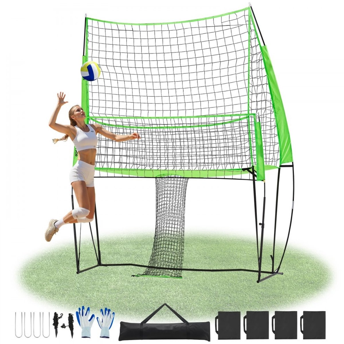 Volleybal Trainingsnet - Oefennet Met Balretour - In Hoogte Verstelbaar - Afmetingen 2,44 x 3,35 m - Draagbaar - Eenvoudige Montage - Voor Binnen En Buiten