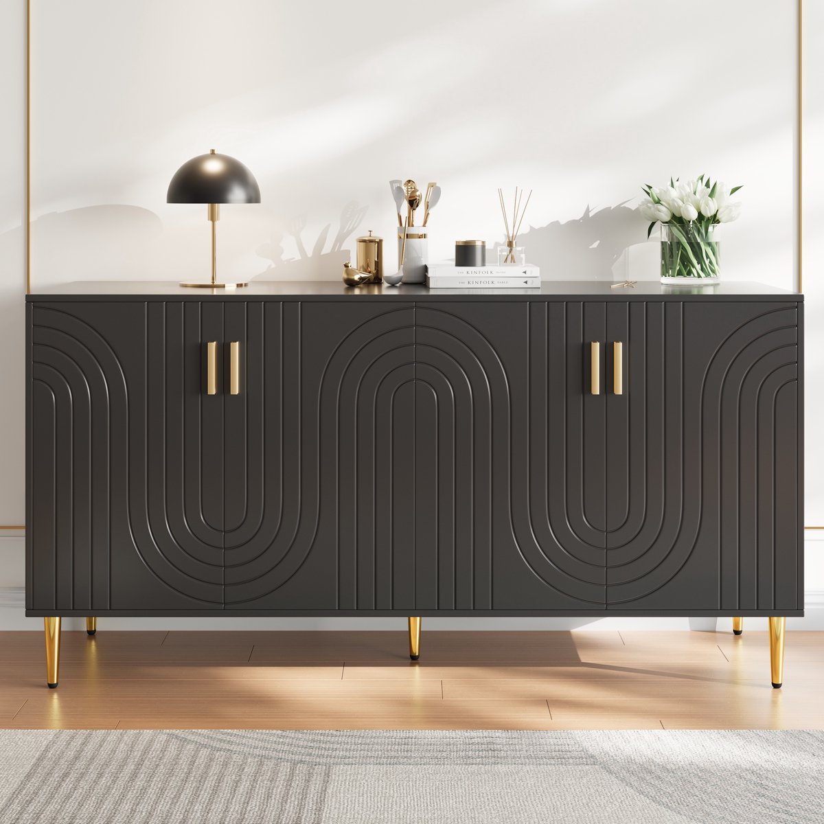 MODFU Zwart Sideboard (152 x 40 x 75 cm) met Uniek Golfdesign, Gouden Handgrepen en Poten, Elegante Meubel voor de Eetkamer