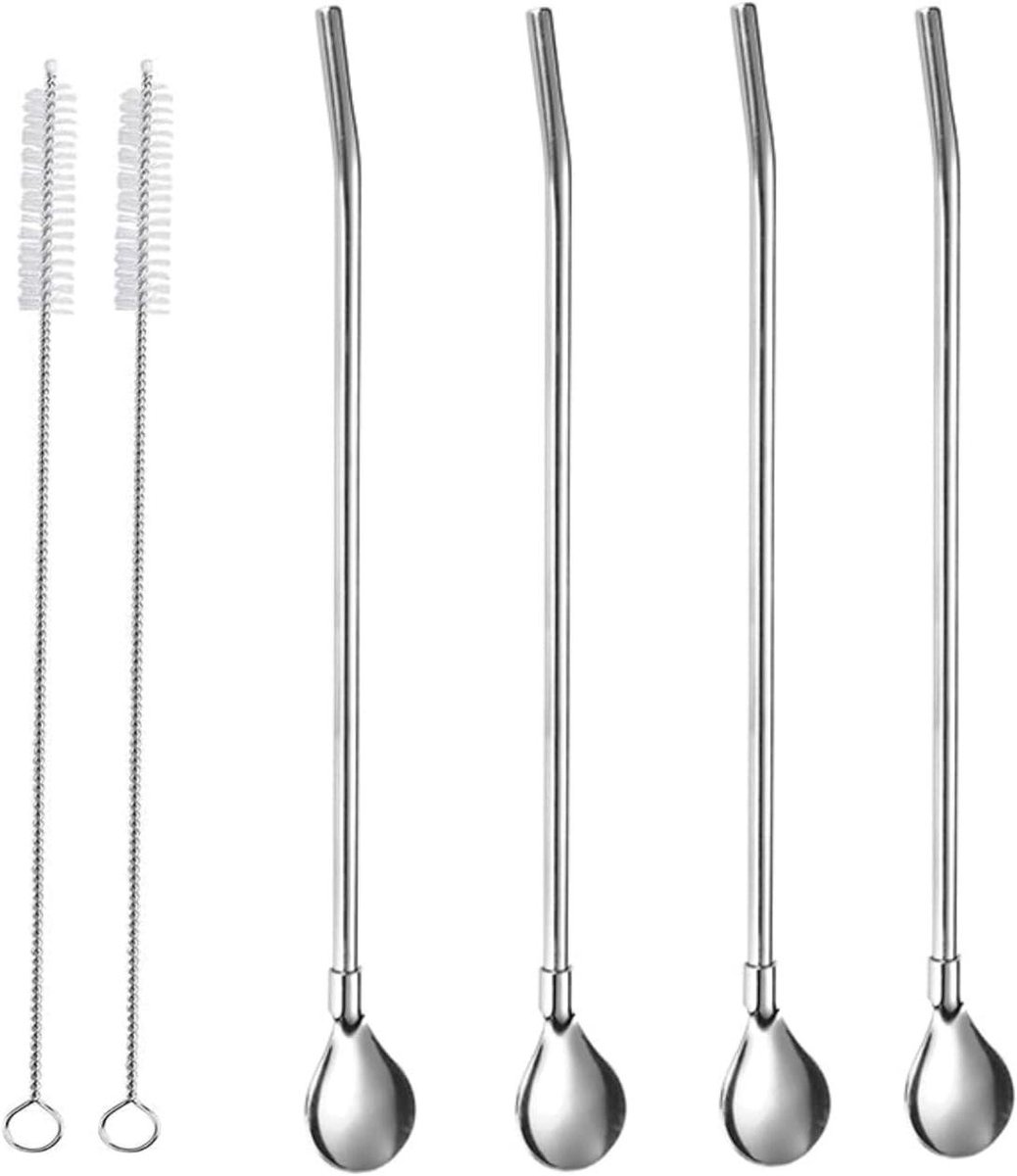 EGoods - Set van 4 herbruikbare roestvrijstalen drinkrietlepels met reinigingsborstels - Ideaal voor smoothies, milkshakes, koffie en cocktails.