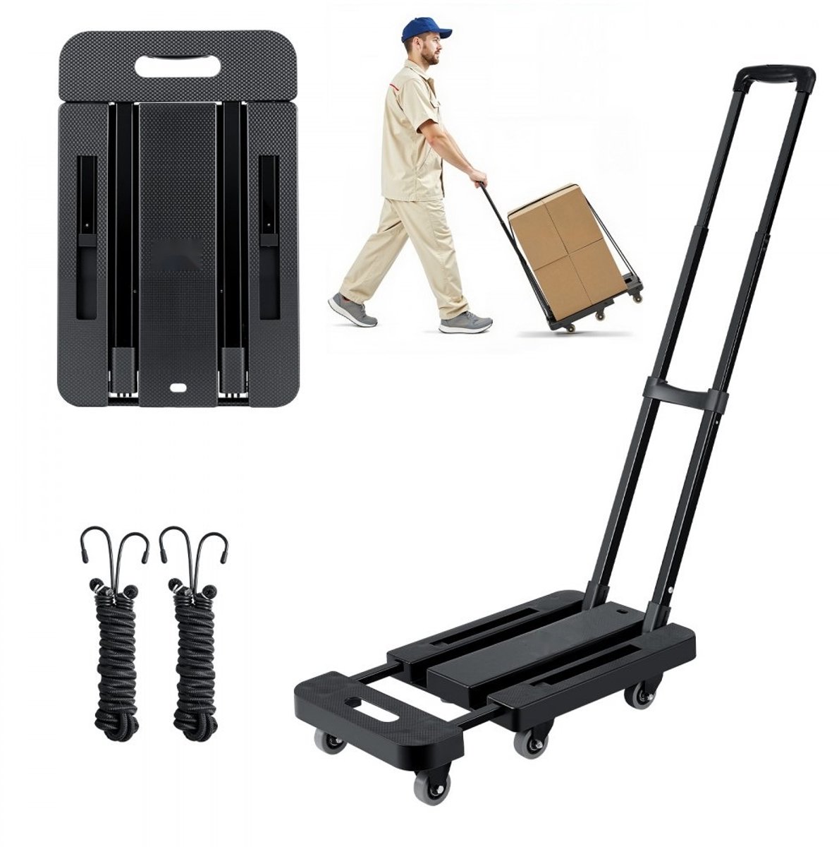Opvouwbare steekwagen - Transportkar - 6 wielen - Draagvermogen 227 kg - Uitschuifbare basis - Inclusief 2 elastische spanbanden - 560 x 305 x 1010 mm - Zwart