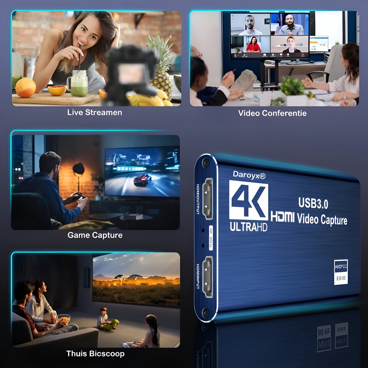 Daroyx® VCC4K Pro Video Capture Card - USB-A 3.0 - HDMI 4K@60Hz - Geschikt als Game Capture - Blauw thumbnail 7