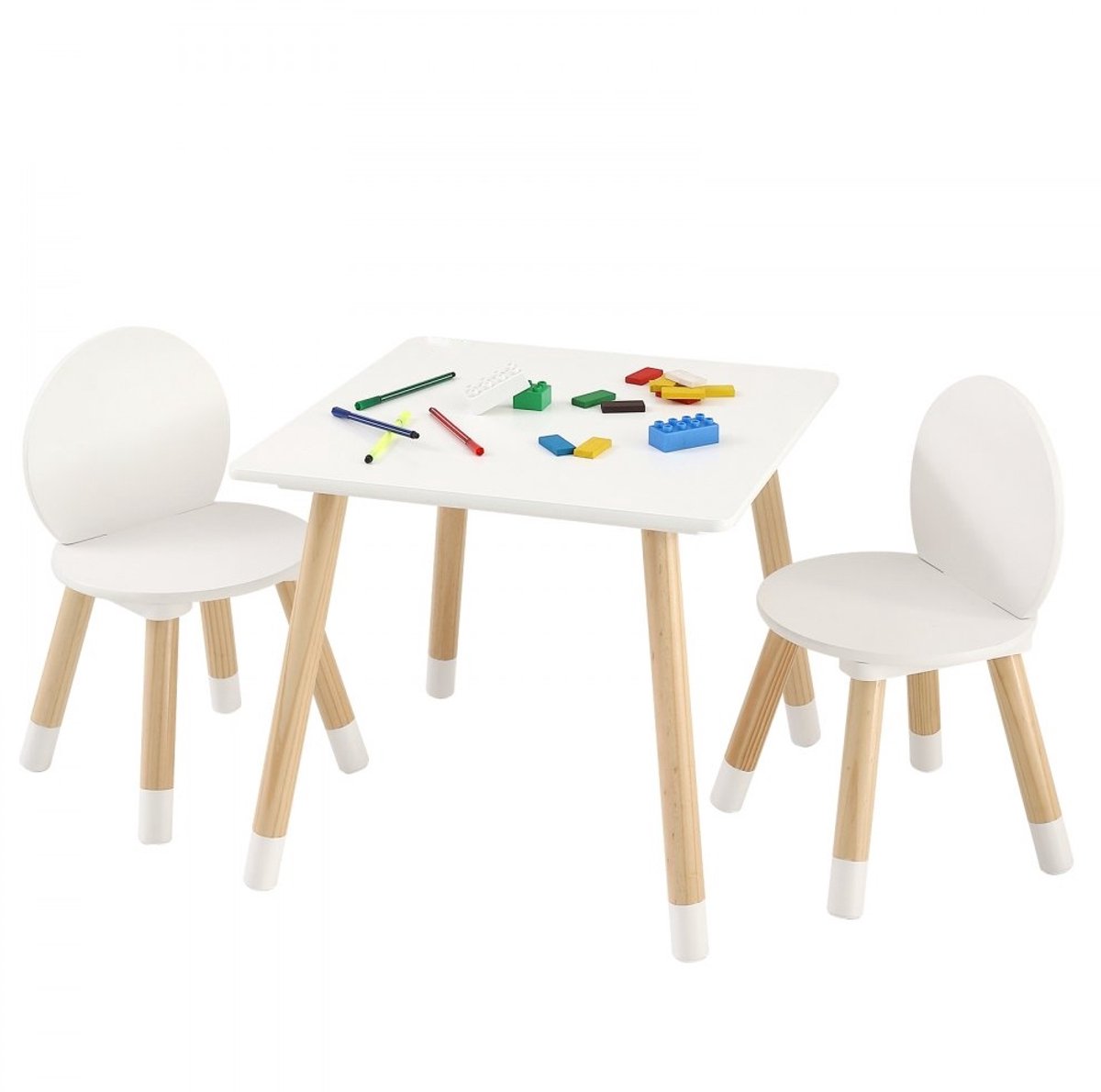 Kinderzitgroep - Kindertafelset met Tafel en 2 Kinderstoelen - Set van 3 - Massief Grenenhout - Stabiel - Voor Speelkamer of Kinderkamer - Wit