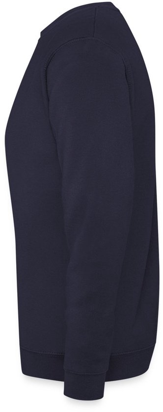 Donkerblauwe trui, van de zijkant gezien.