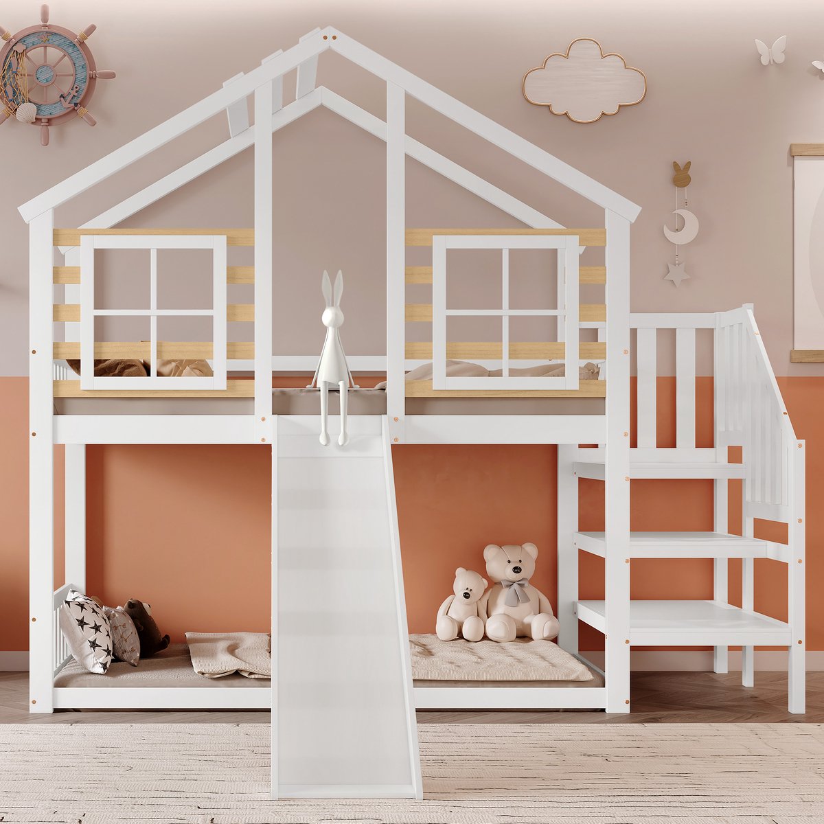 MODFU Kinderstapelbed 90x200 cm – Massief houten huisje – Met glijbaan – Trap – Raam – Valbeveiliging – Wit