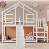 MODFU Kinderstapelbed 90x200 cm – Massief houten huisje – Met glijbaan – Trap – Raam – Valbeveiliging – Wit