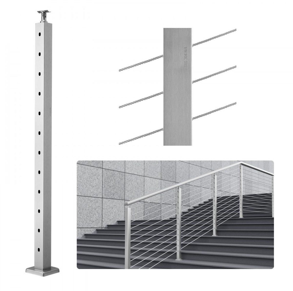 Balustradepaal voor Kabelreling - Trapleuningpaal - Hoogte 106,68 cm - Profiel 5,08 x 5,08 cm - 12 Voorgeboorde Gaten - 30° Hoekgaten - RVS 304 - Gebogen Leuninghouder - Zilver