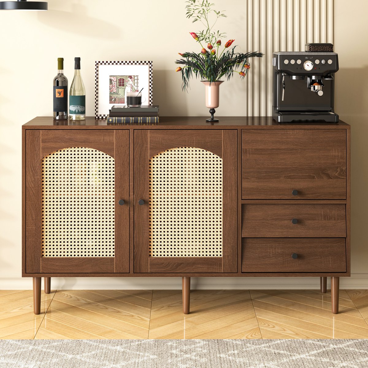 MODFU Sideboard in Landhuisstijl met Rattanturen, 130 x 75,5 x 40 cm, Magnetische Sluiting, Verstelbare Planken, Stabiele Constructie, Elegant en Veelzijdig Ontwerp Hout