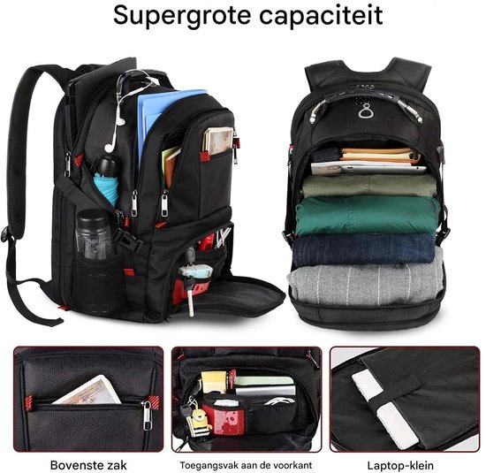 Matein Rugzak 50L Groot – Laptoprugzak voor 17 inch – Reisrugzak voor School, Werk en Reizen met USB-poort – Meerdere Vakken – Zwart