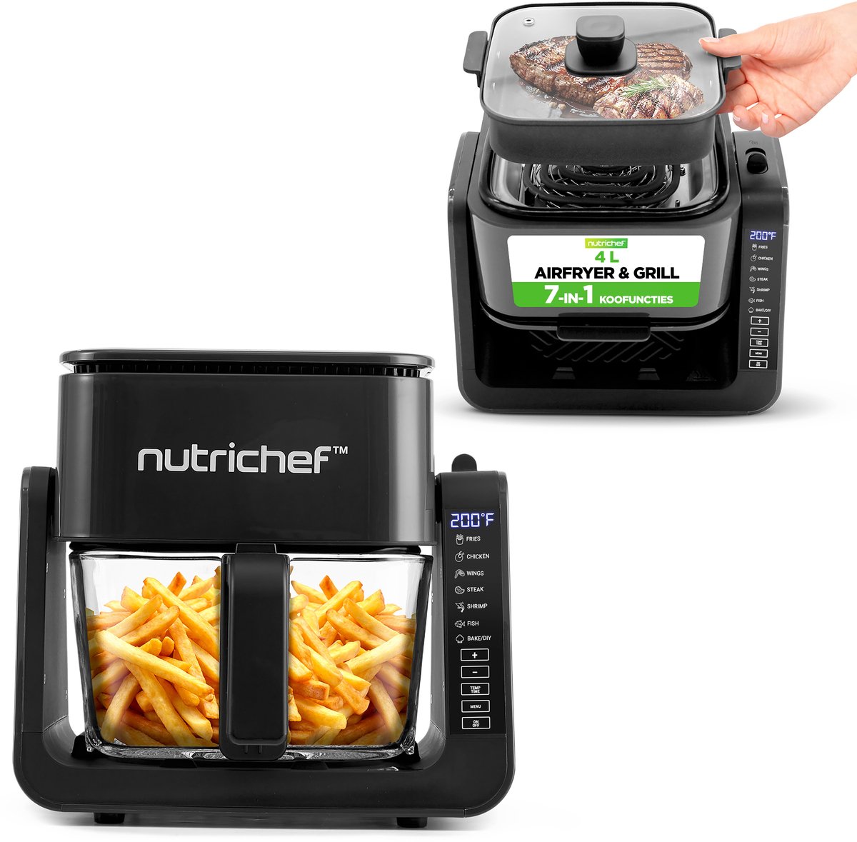 NutriChef Air Fryer – Heteluchtfriteuse 8-in-1 met Transparante Kom – Bak Garnalen, Steak, Friet, Kip & Meer – Nauwkeurige Temperatuur & Tijd – 5,5 L – Zwart