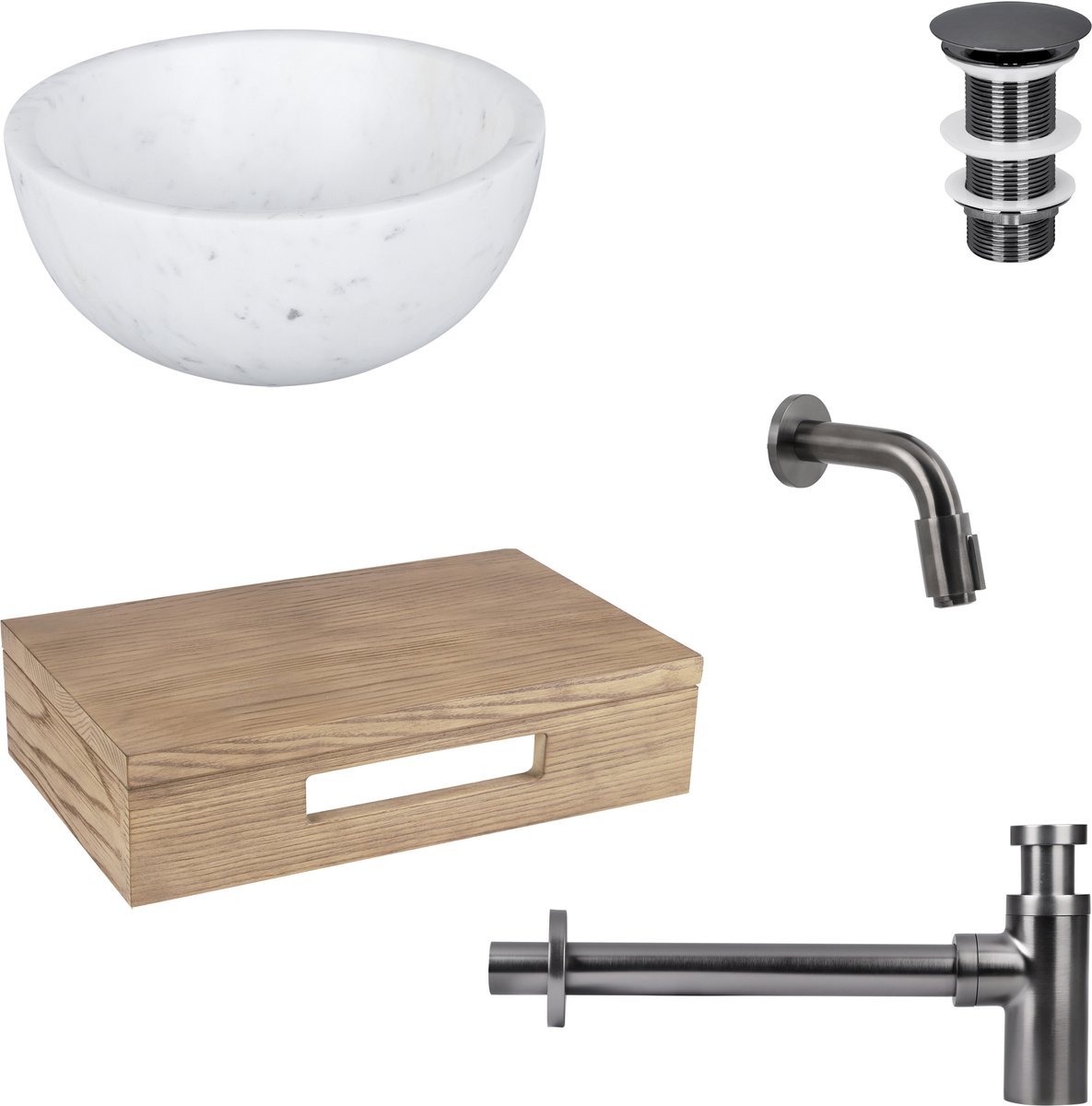 Differnz Ruz fonteinset - waskom marmer - muurkraan 11 cm gun metal - inclusief wastafelplank licht eiken