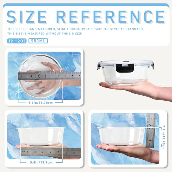 Informations de taille pour les boîtes de conservation en verre, y compris les mesures avec une règle.