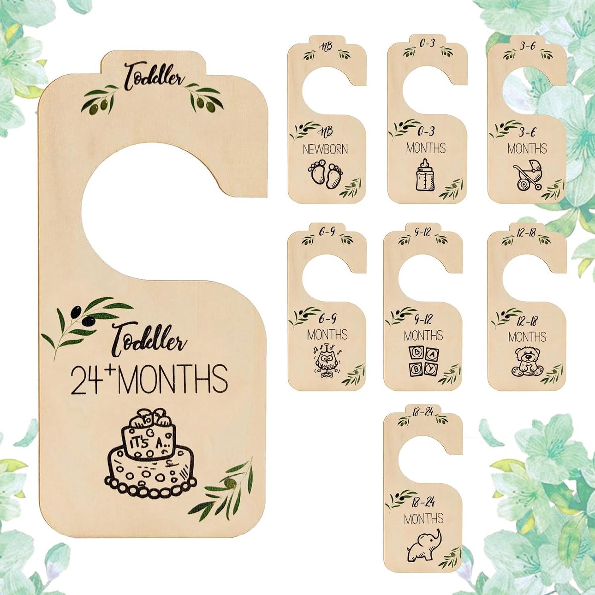 Baby Size Divider - Houten 8 Stukken - Dubbelzijdige Baby Kastindelers voor Kleding Organiser - 0-24 Maanden Baby Kledingkast Indelers - Unisex Baby Kast Organiser - Kinderkamer Decoratie Cadeaus