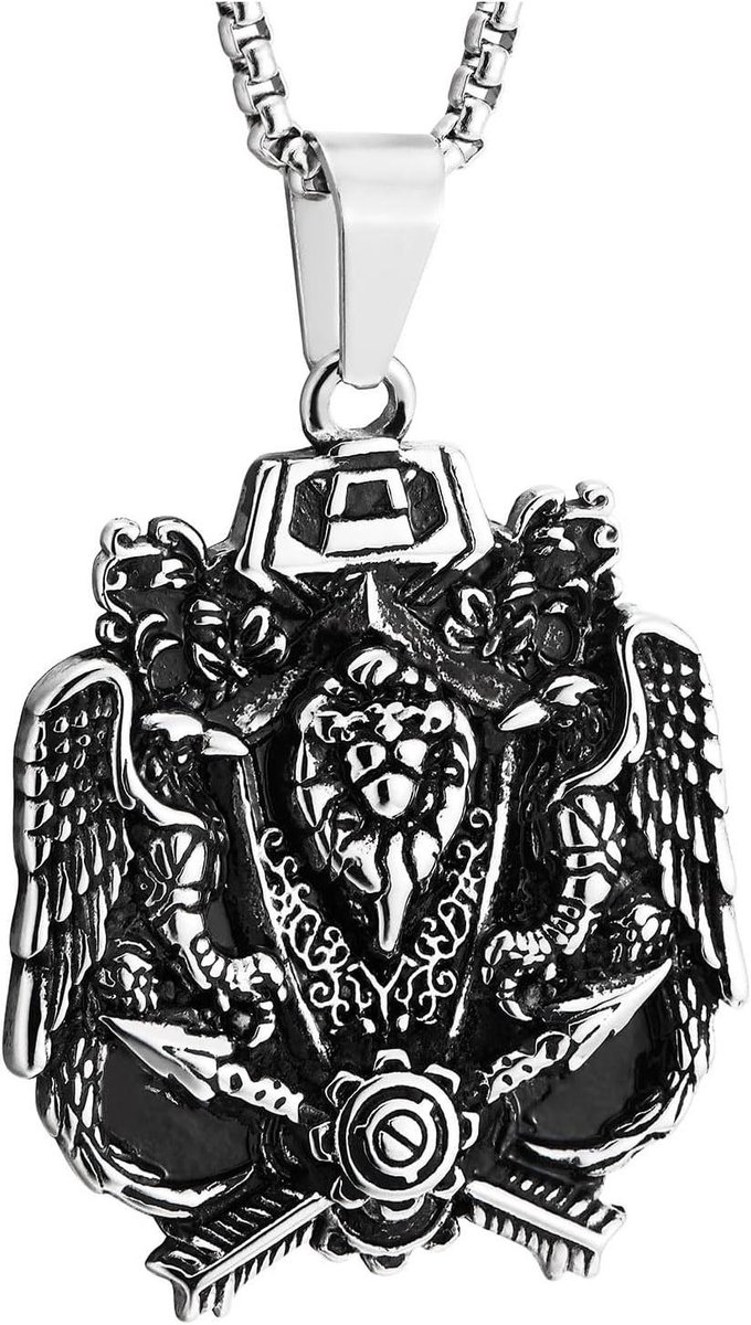 Provento - Hanger Ketting Staal Dubbele Adelaar en Leeuw - Middeleeuwse Warrior item, Roestvrij staal, Vintage design, Accessoire.