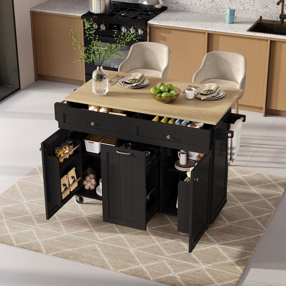 Mobiel Keukeneiland 120x40-70x92 Cm - Met Wieltjes - Met USB - 2 Laden En 2 Deuren Uitschuifbaar Werkblad Met Handdoekhouder Wit