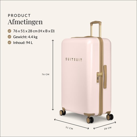 Afmetingen van een lichtroze SUITSUIT ruimbagage koffer: 76x51x28 cm.