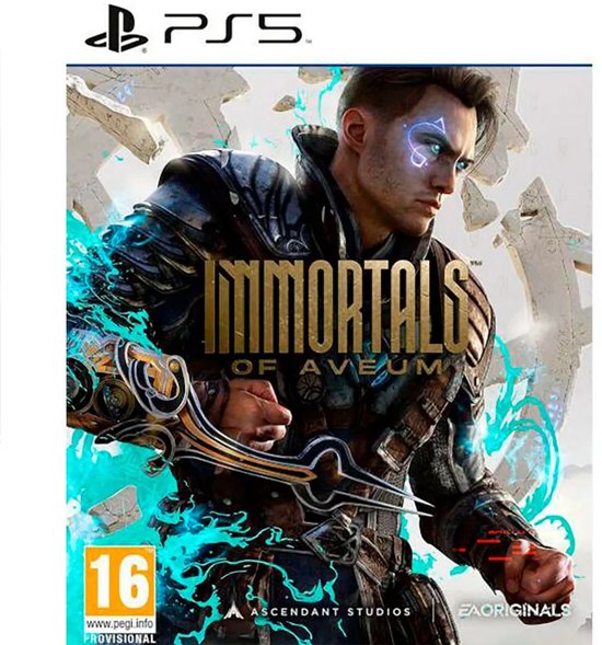 PS5 hoes van Immortals of Aveum met een man met blauwe gloeiende ogen en runen op zijn gezicht.