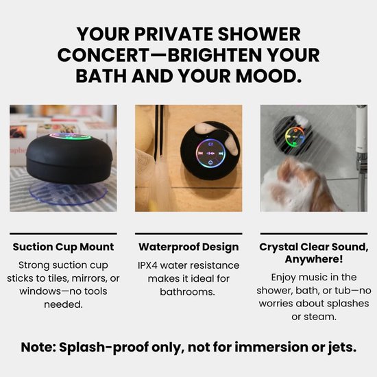 2-pack Bluetooth-doucheluidsprekers met LED - Draagbare draadloze miniluidsprekers met microfoon en zuignap, IPX4 waterdicht, Geschikt voor douche, reizen, zwembad, drijven op rivieren en buitenplezier (zwart) 4-niveau waterdicht van Merkloos — afbeelding 4