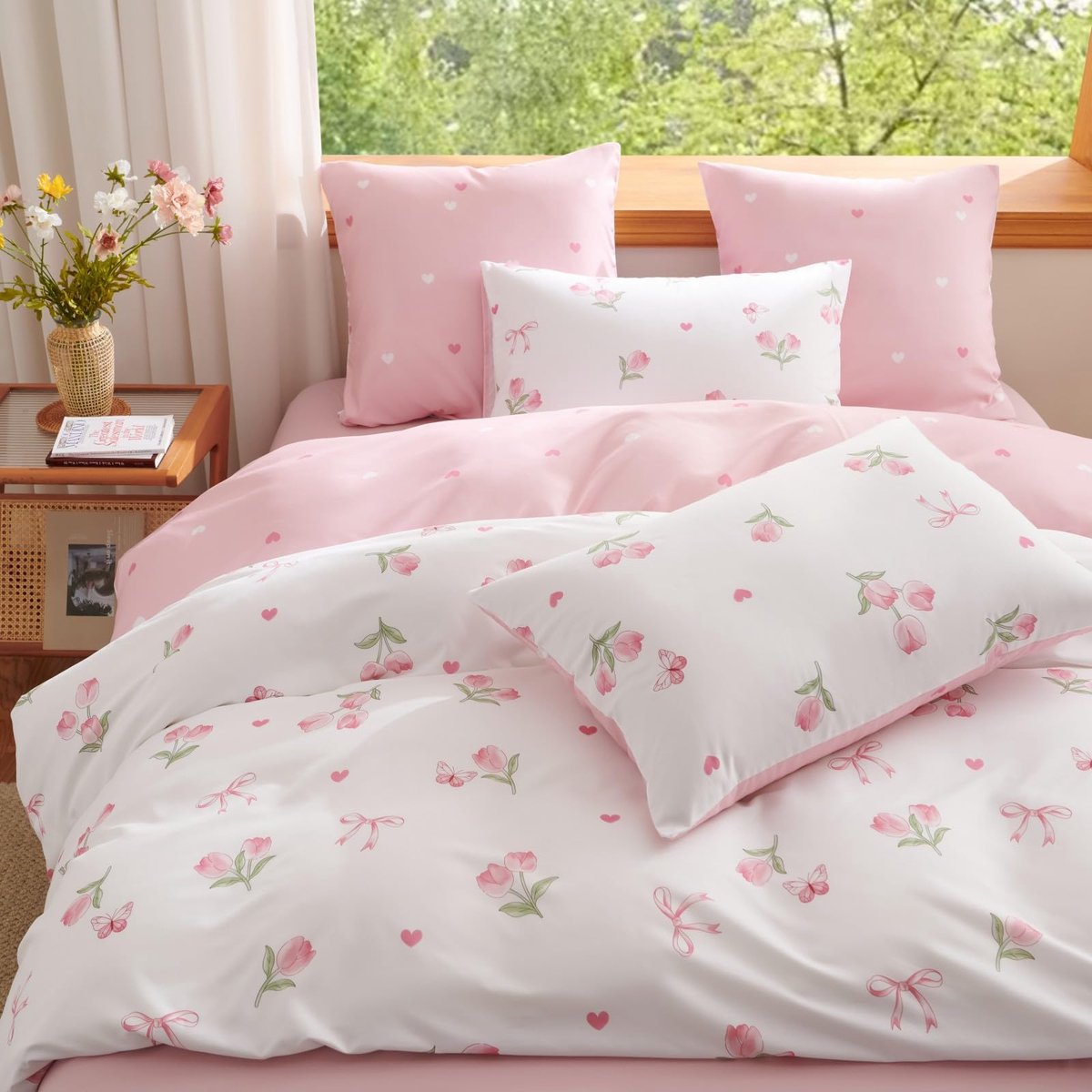 Unyqoos Omkeerbaar bloemen beddengoed met tulpenpatroon voor meisjeskamer 135x200 cm wit roze groen