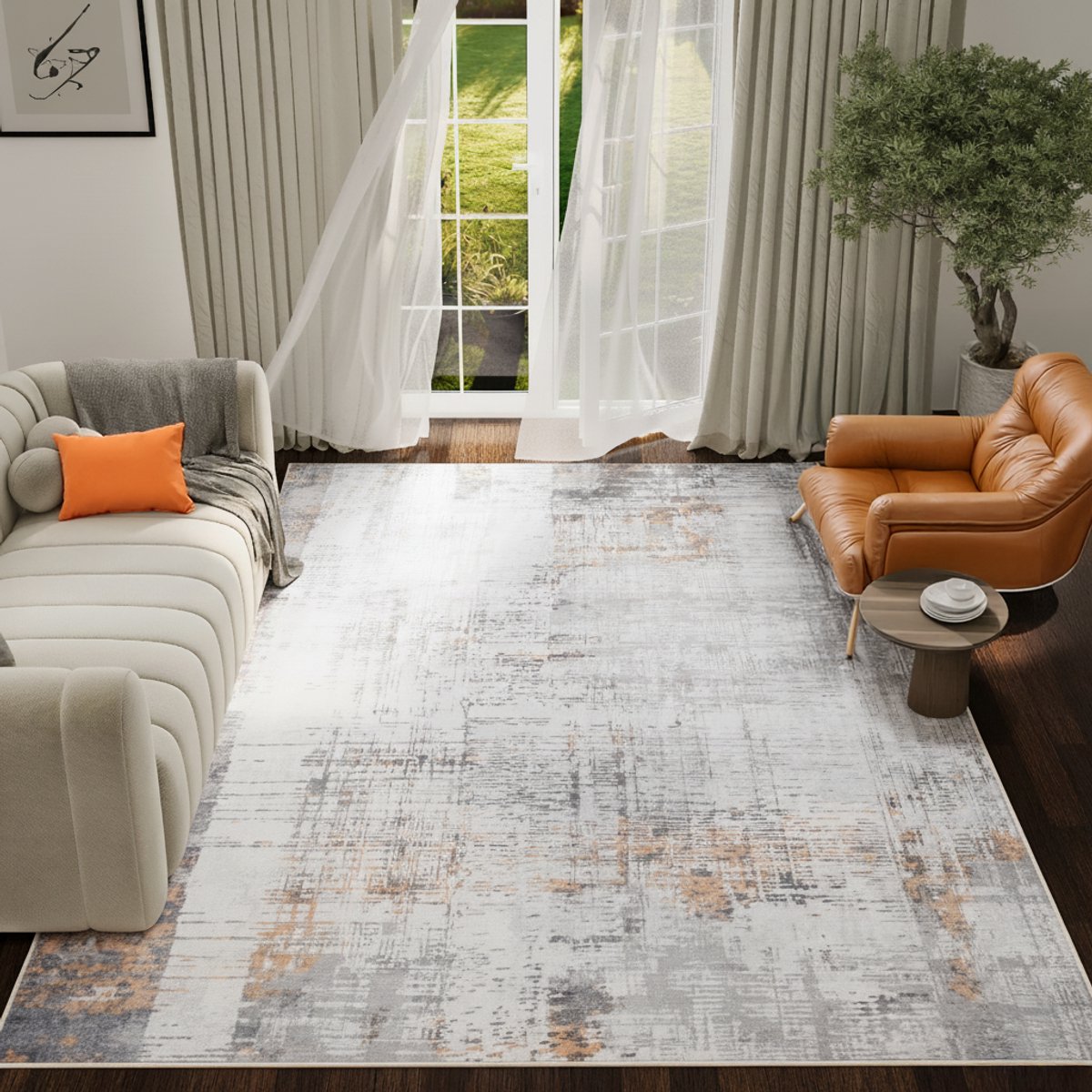 Tapiso ASH Vloerkleed Grijs Bruin Abstract Vintage Design Laagpolig Tapijt Voor Woonkamer