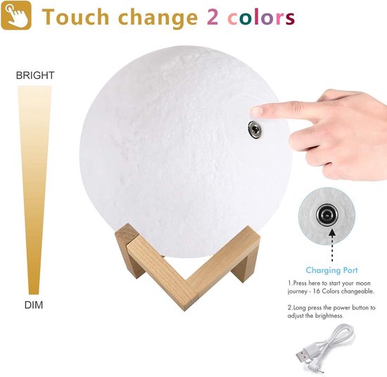 Gepersonaliseerde Maanlamp 3D Geprint met Foto, USB Oplaadbaar Nachtlampje met Houten Standaard en Touch Control van Merkloos — afbeelding 5