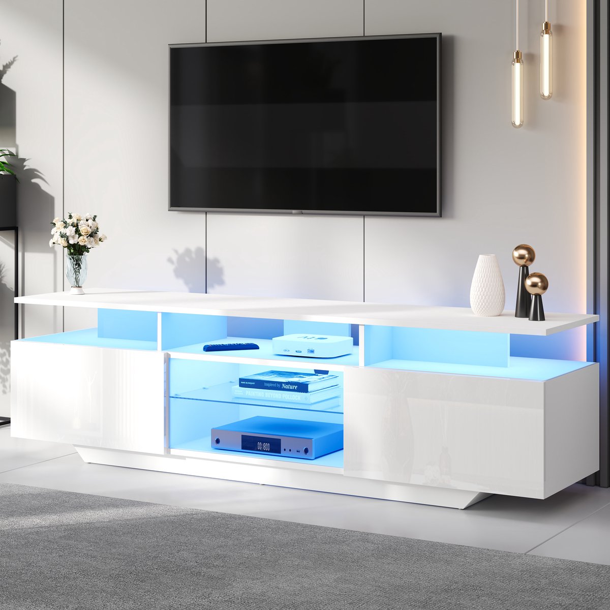 Wishdor Tv-Meubel - Hoogglans - Met Led-Lichtstrip - Met 2 Kastjes - Met Gehard Glas - Mdf - Wit - 160 X 40 X 45 Cm