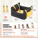 Zwarte autostoel voor honden met gele bekleding en riemen, afmetingen 58,5 x 56 x 33 cm, maximaal 11,3 kg.