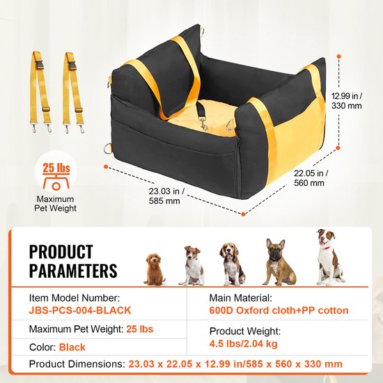 Zwarte autostoel voor honden met gele bekleding en riemen, afmetingen 58,5 x 56 x 33 cm, maximaal 11,3 kg.