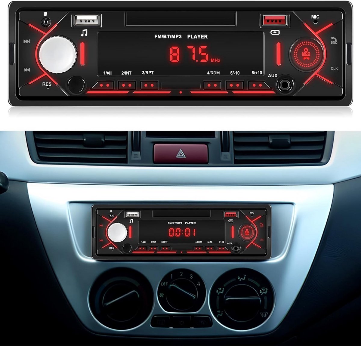 1 DIN Auto Radio met Bluetooth 5.0, USB Opladen, FM en Handsfree Bellen