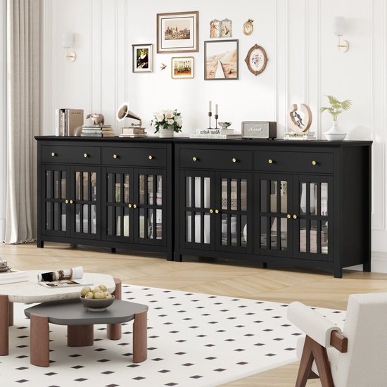 Dressoir Met 3 Laden En 3 Schuifdeuren - Rotan En Spaanplaat Verstelbare Planken Eikenkleur