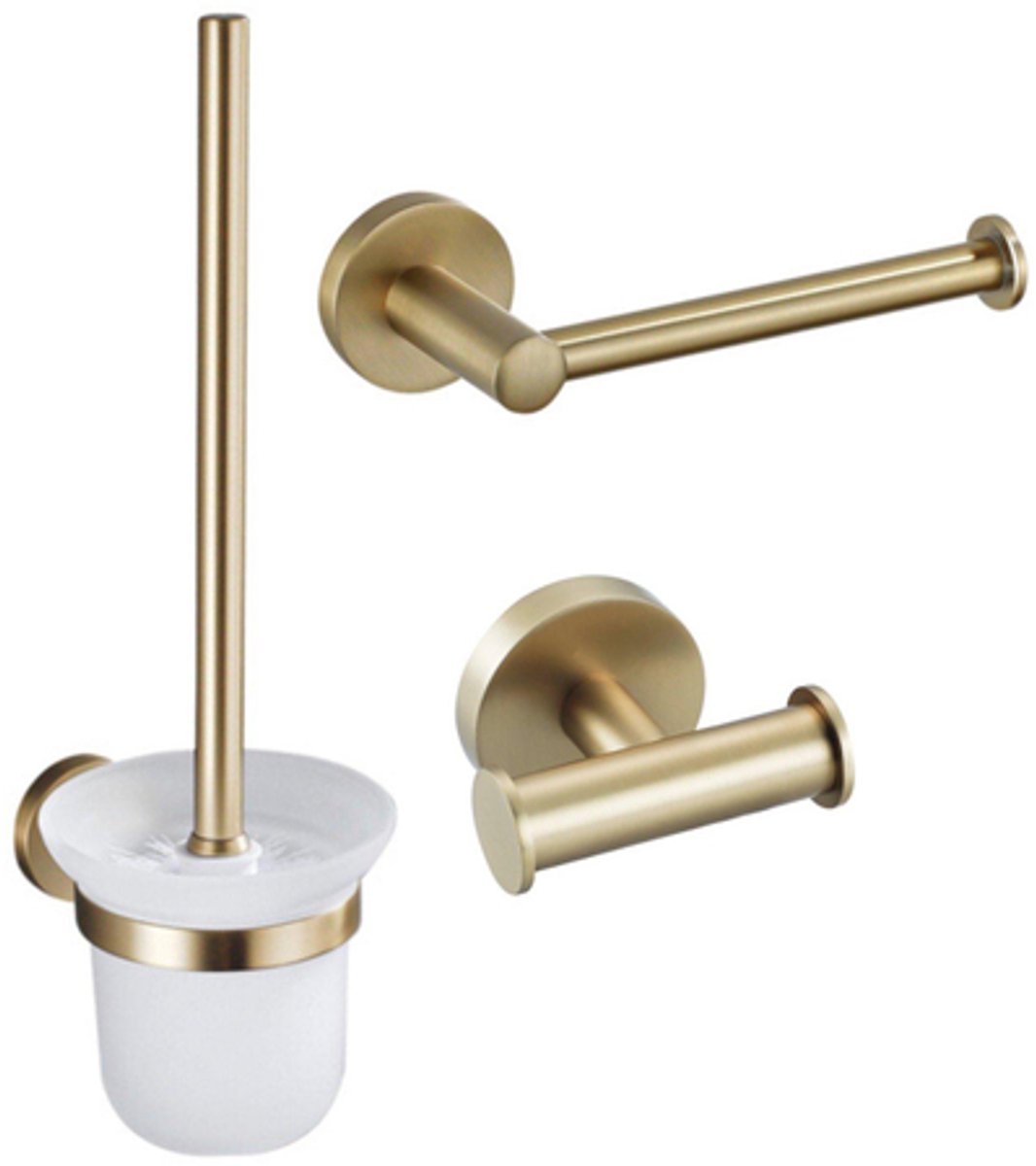 FugaFlow Eccelente Acces Toiletset 3-delig - toiletrolhouder zonder klep - toiletborstel - handdoekhaak dubbel rond - Geborsteld Messing PVD (Goud)