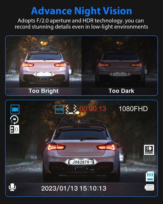 3-Kanaals Dashcam auto voor, Achter en Interieur met 64GB SD-Kaart, 1080P autocamera met Infrarood Nachtzicht WDR, Monitoring Dash Cam met G-sensor, Parkeerbewaking, Dashboardcamera's