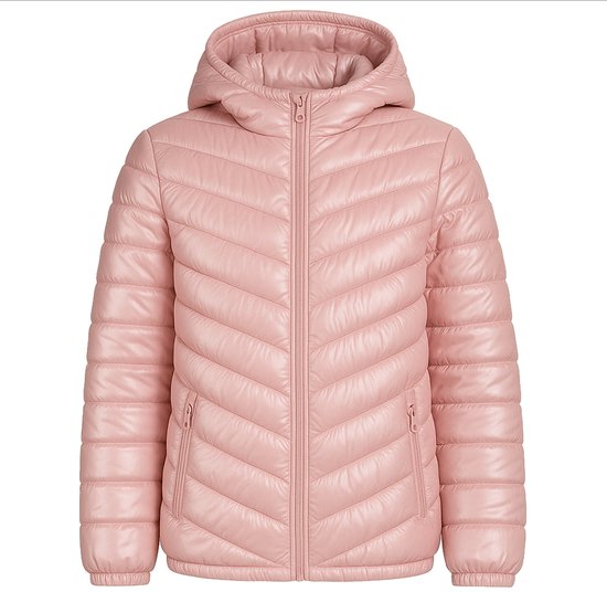 Veste matelassée rose pour fille avec capuche et fermeture éclair.