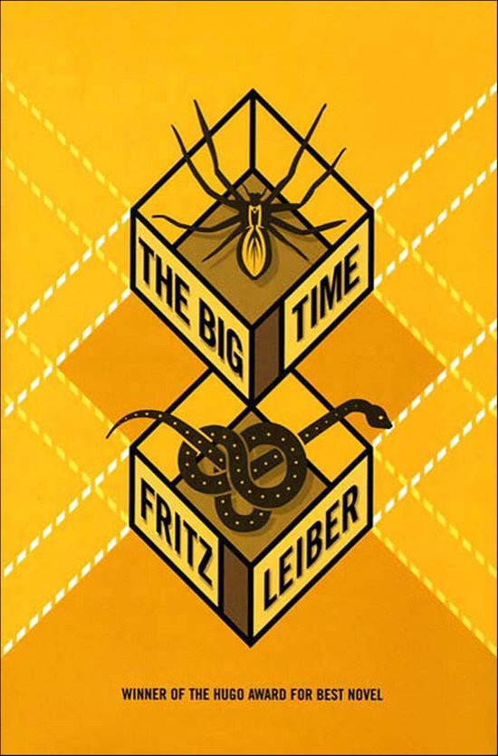 Boek 'The Big Time' van Fritz Leiber met een spin boven en een slang onder, op een gele ruitjes achtergrond.