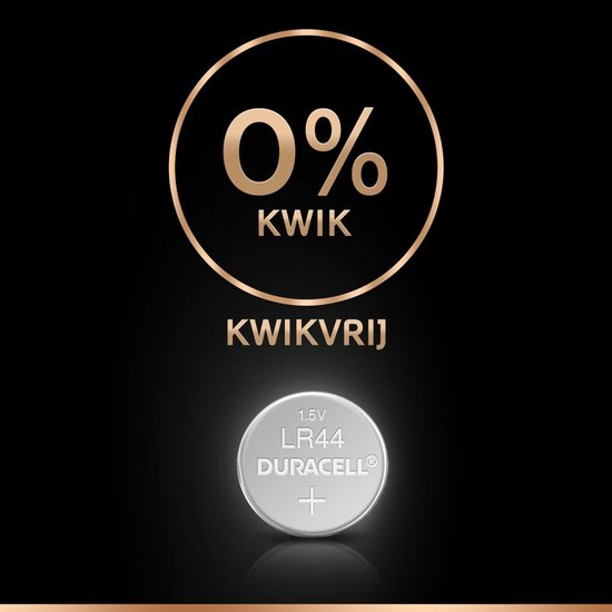 Duracell LR44 knoopcelbatterij, 0% kwik, kwikvrij.
