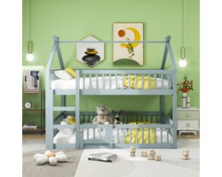 MODFU Ledikant 140x200 cm van massief hout, hoog-laag familiebed met trap en veilig hek, grijs