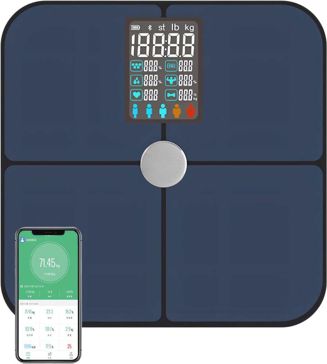 Digitale persoonlijke weegschaal met smartphone synchronisatie en groot display