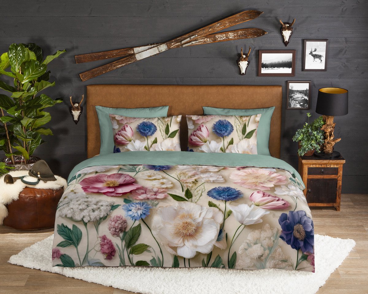 Good Morning dekbedovertrek bloemen - 2 persoons 200x200/220 cm - Zand - 100% Katoen flanel