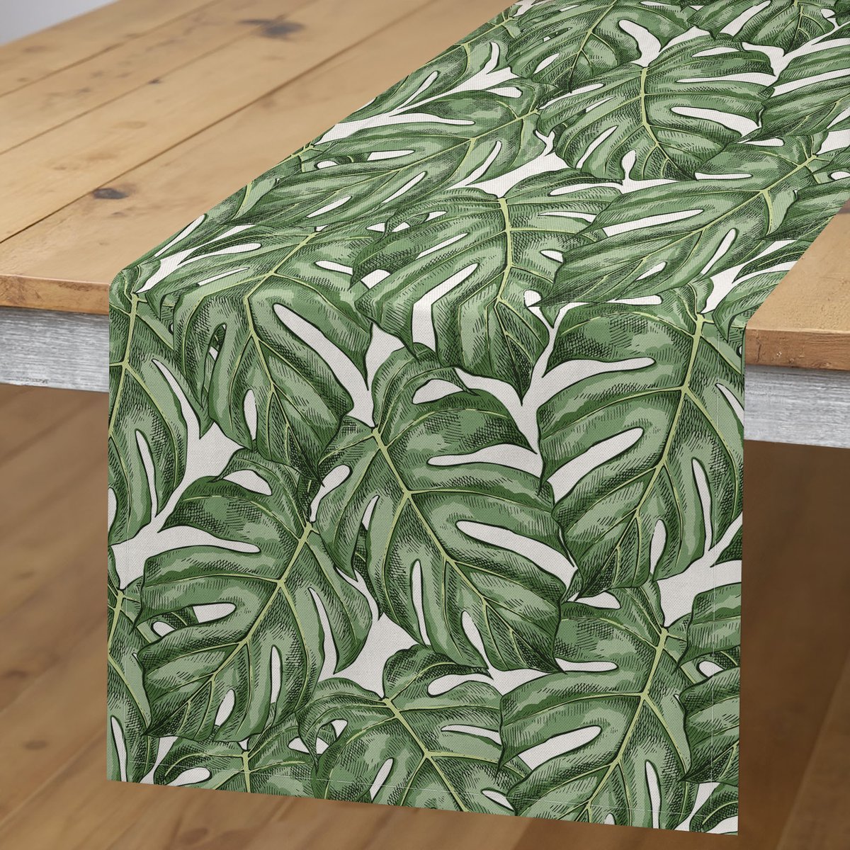 ABAKUHAUS Tafelrok – Monstera aquarel, 40×225 cm, resedagroen