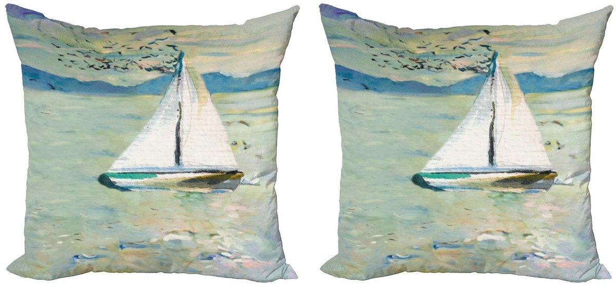ABAKUHAUS Kunstkussenhoes Monet-zeilboot – 40x40 cm – dubbelzijdig Blassblauw-Turquoise