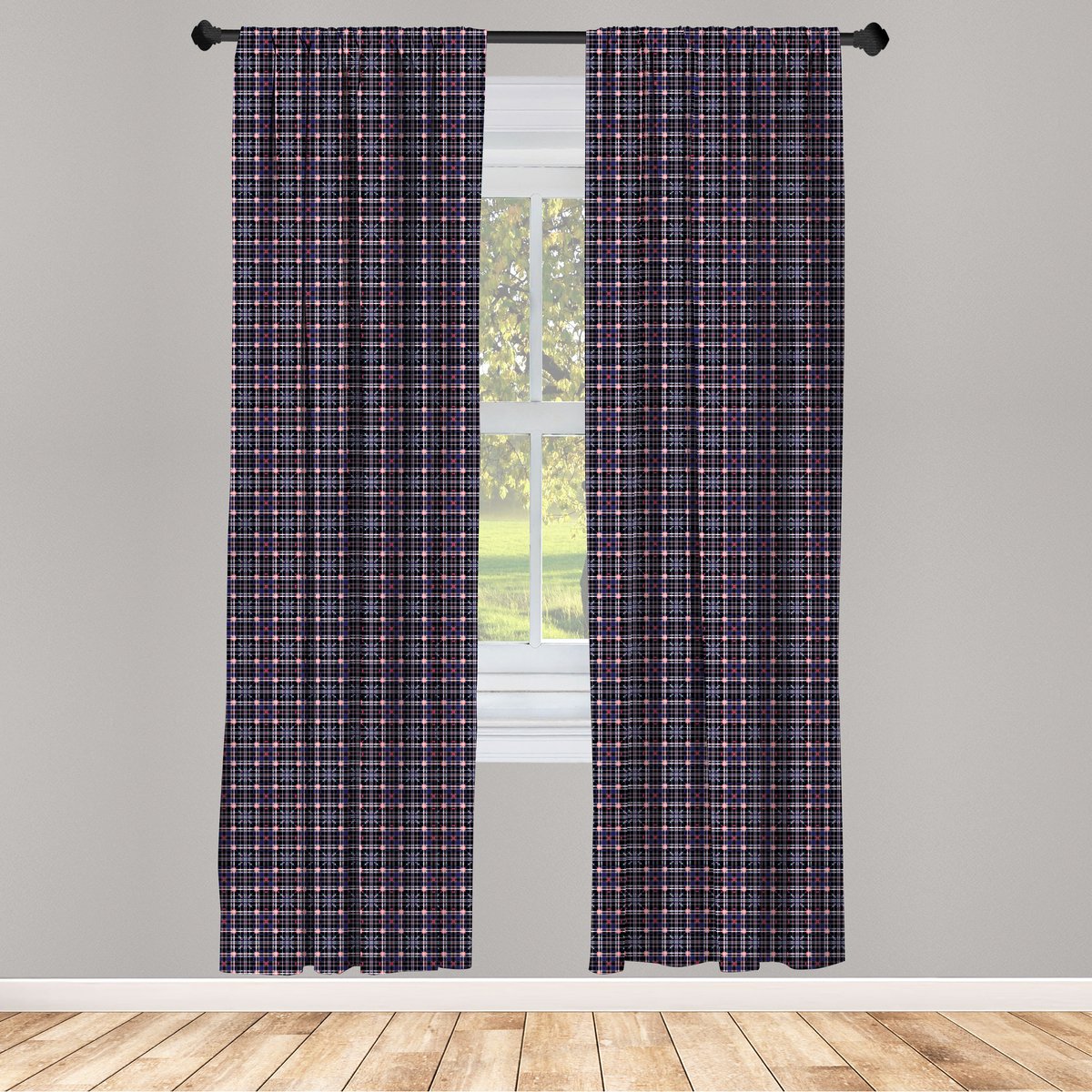 Geruite raamgordijnen – 2x 75x245 cm – 2-paneelset marineblauw en roze