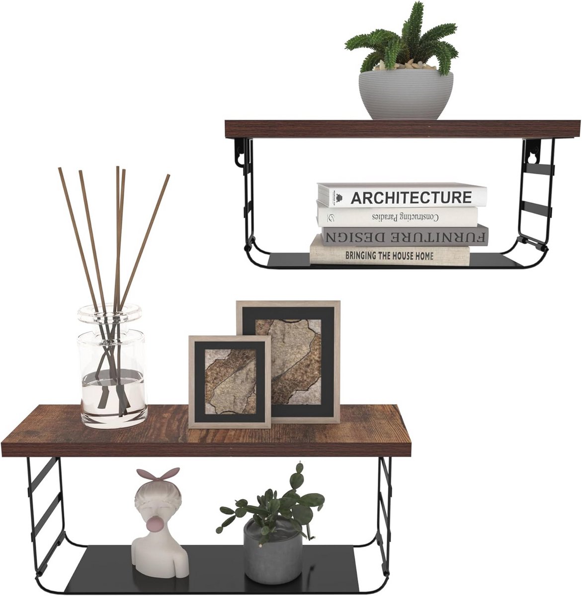 Wandrek Set van 2 - Zwevende Planken met Zwart Metaal voor Badkamer, Slaapkamer, Woonkamer, Keuken