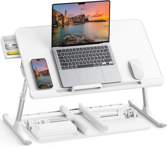 SAIJI Laptopbedlade tafel, verstelbare PVC lederen laptop bedtafel, draagbaar staand bureau met opberglade, opvouwbare ronde tablettafel voor bank, vloer (natuur