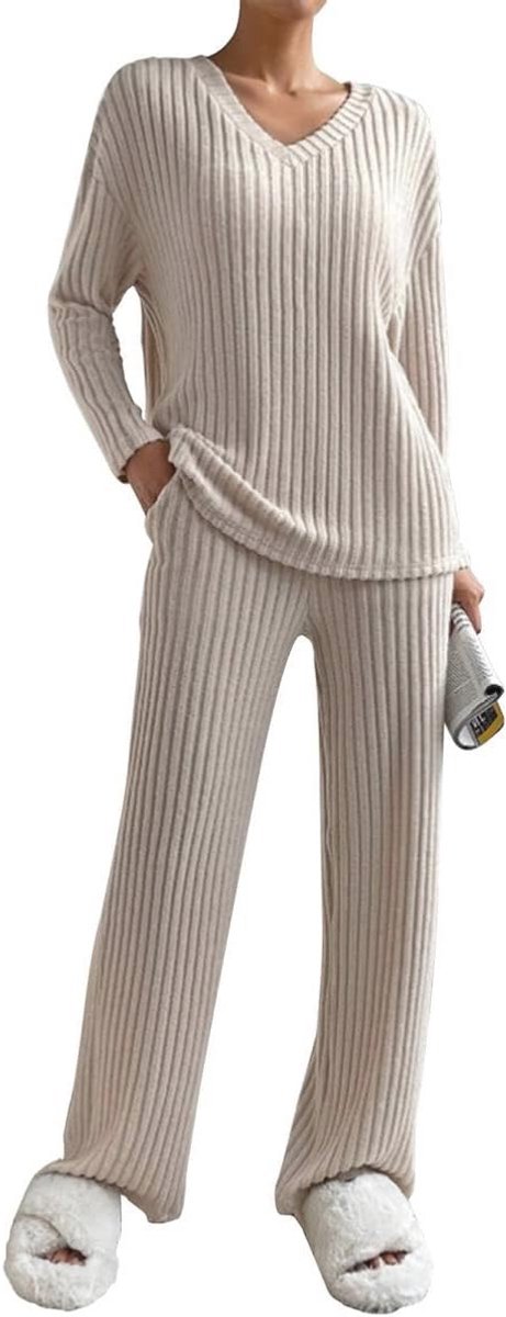 Geribbelde Loungewear Sets voor Vrouwen - Tweedelige Outfit met Wijde Pijpen en Lange Mouwen