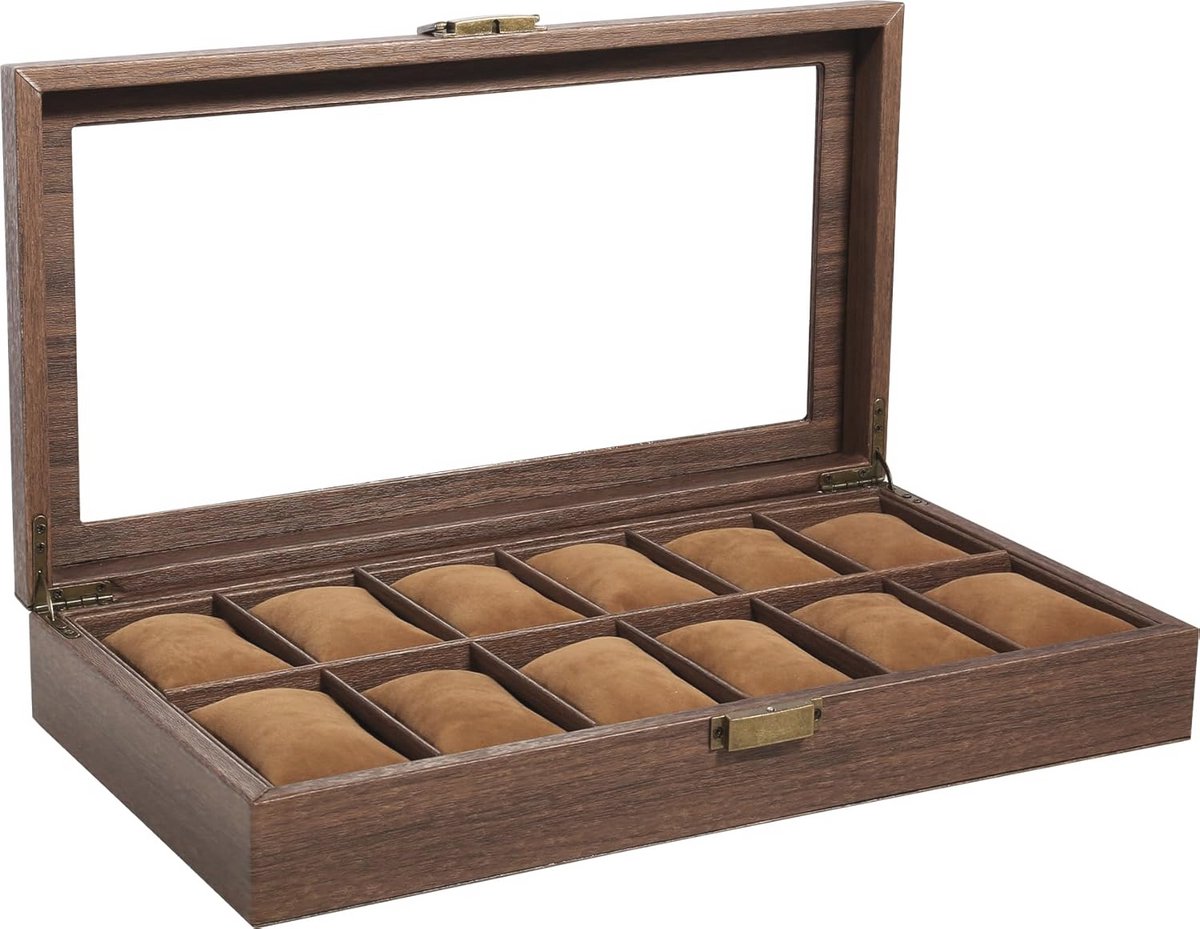 Houten Horlogebox met 12 Compartimenten en Echt Glas