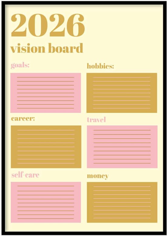 Poster 2026 Vision board - 50x70 cm - Calendrier - Affiche planificateur - WALLLL - Cadre exclusif - Papier photo professionnel