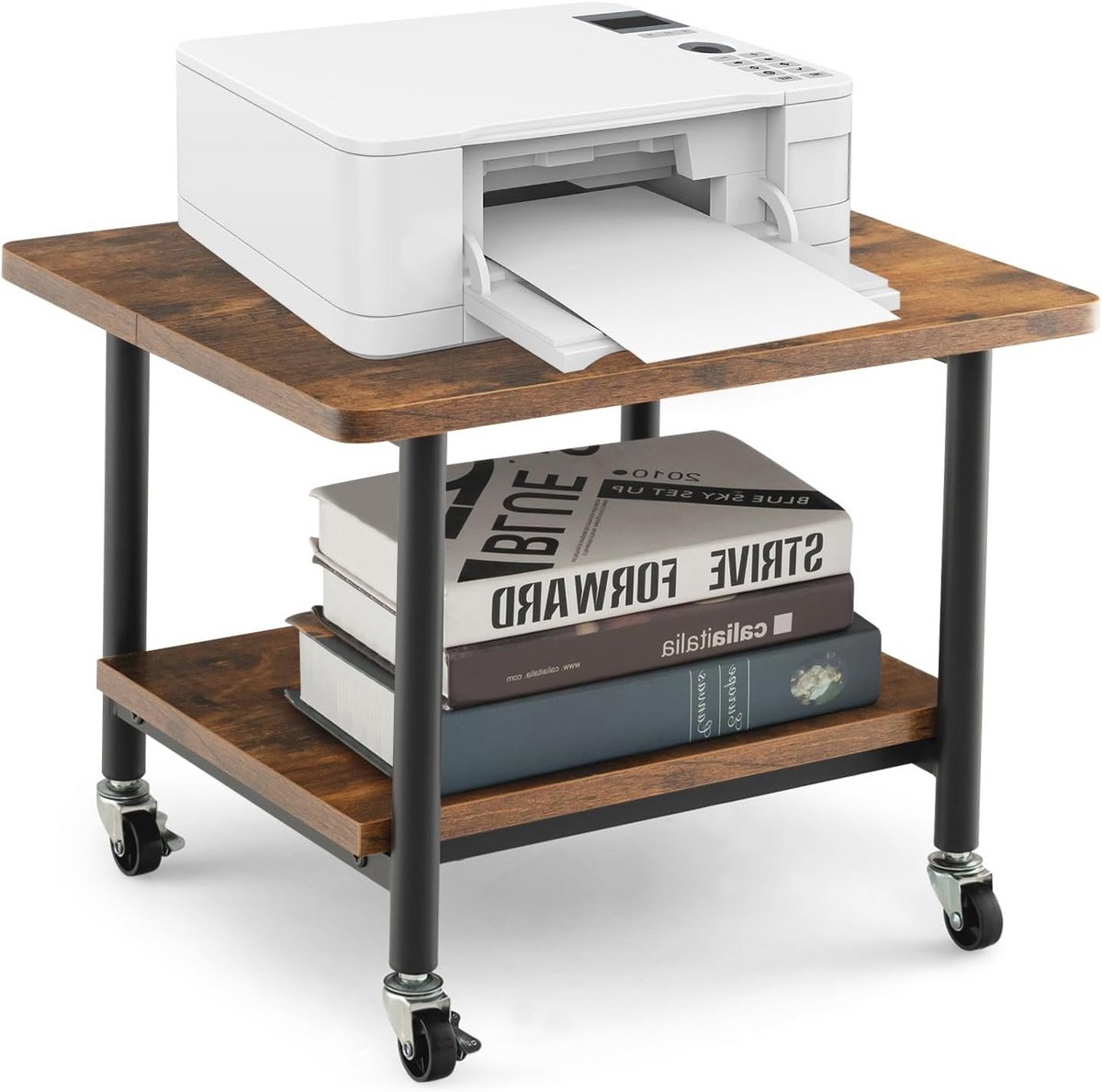 Printertafel met wieltjes en 2 Niveaus - Rolcontainer en Printerhouder voor Kantoor en Thuis